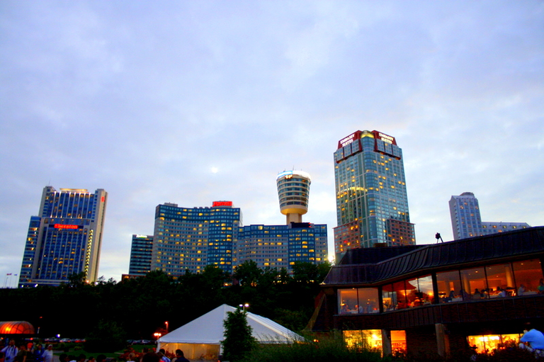 looking straight back from the Niagara Falls at the city's skyline